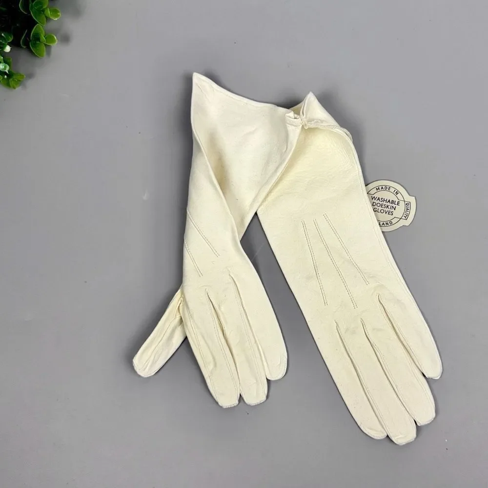 New Vintage White Gloves Washable Doeskin Leather Trimingham Bros sz 7,5 England
